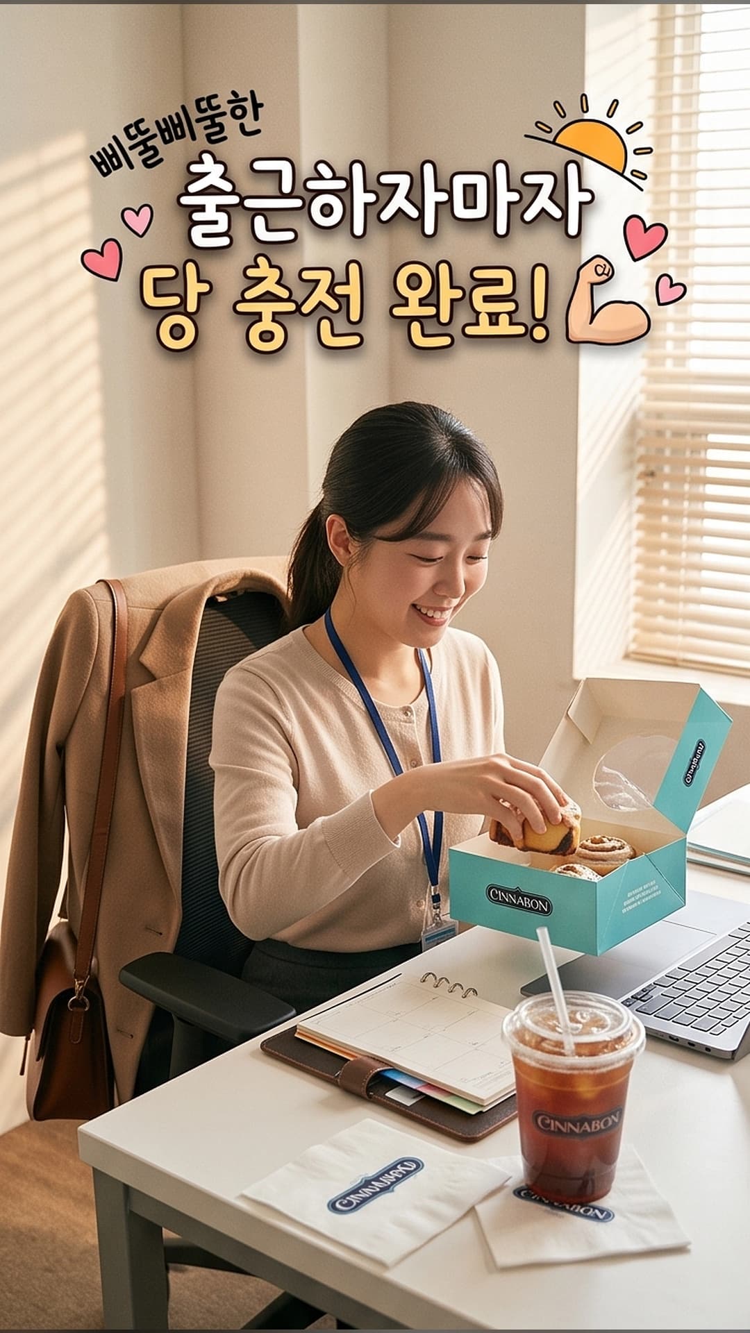 출근 직후 사무실에서 시나본 케이터링 박스를 열어 롤을 꺼내는 직원